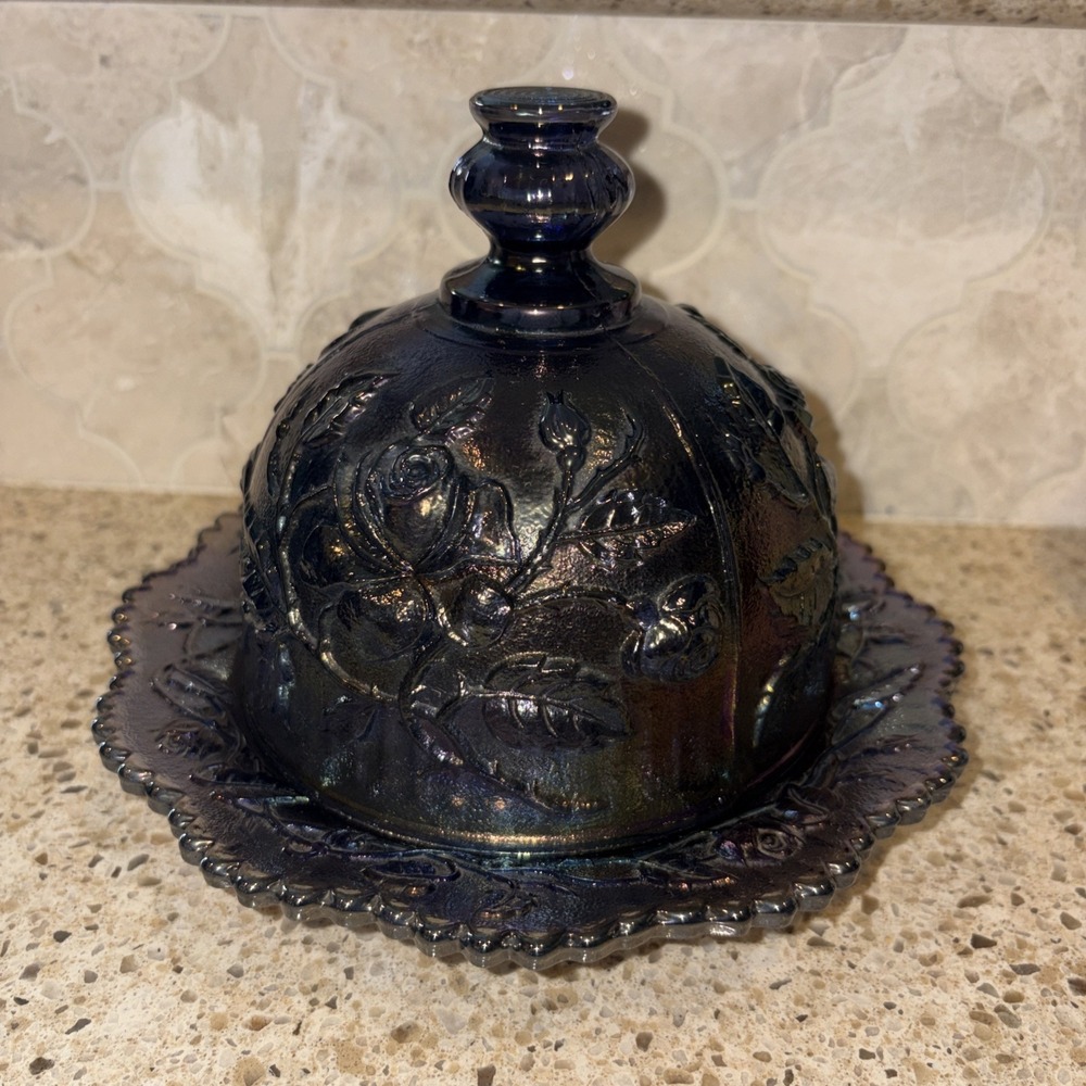 Vintage Imperial Rose Pattern Iridescent Carnival Glass Butter Dish W/ Dome Lid